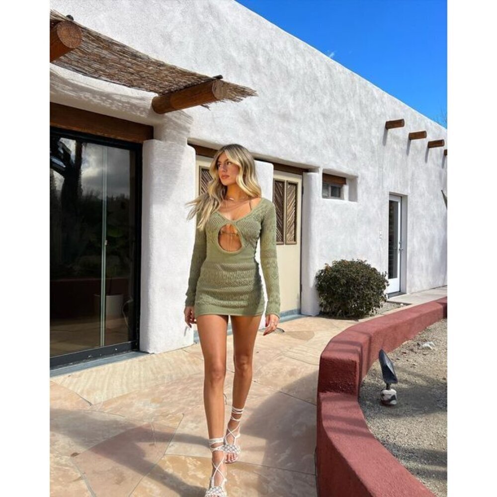 EDIKTED Lotus Cutout Long Sleeve Crochet Cover-Up Dress in Olive X-Small/Small